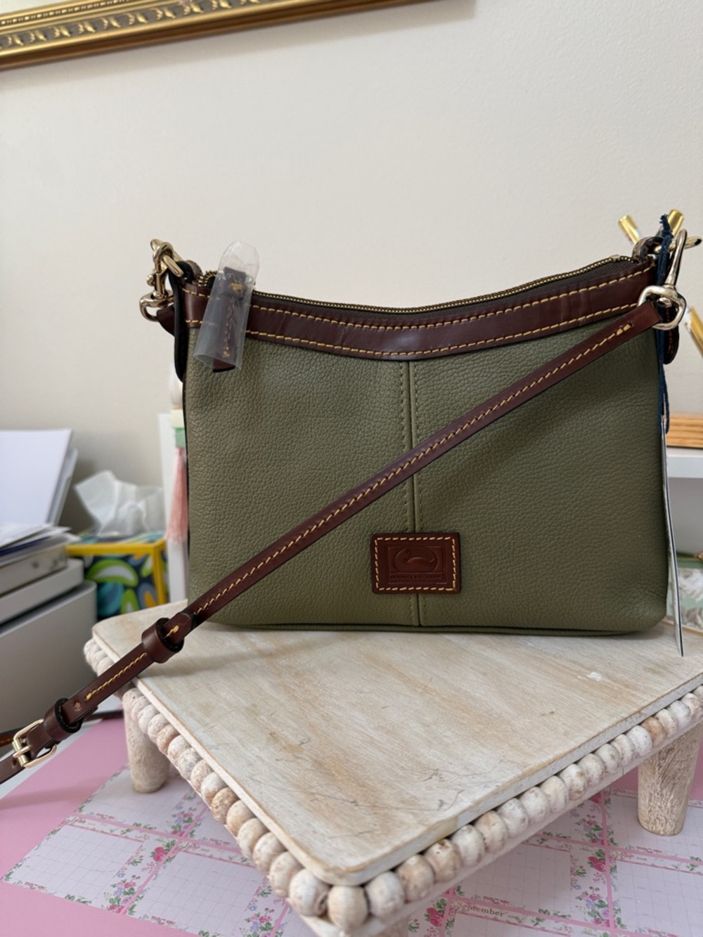 Dooney&Bourke Leather Crossbody Bag in Olive Green with Brown Trim